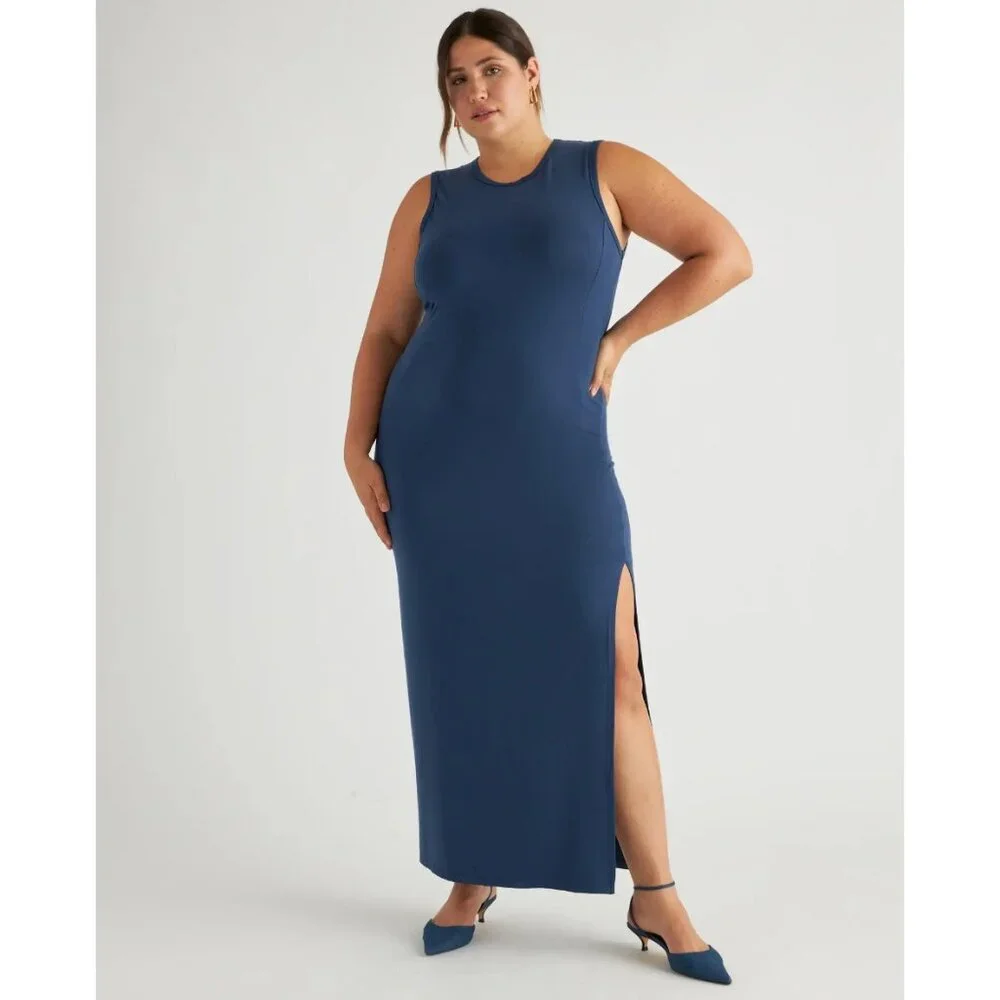 Quince Navy Blue Tencel Jersey Tank Maxi Dress sz S Women's Side Slit Sleeveless - Picture 6 of 6